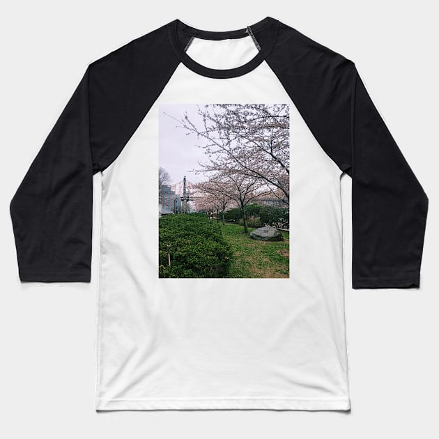 Cherry Blossoms Roosevelt Island NYC Baseball T-Shirt by offdutyplaces